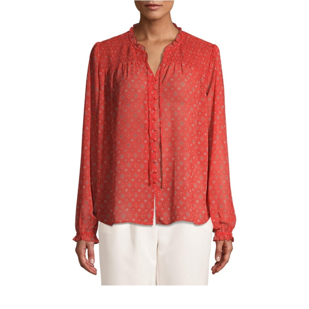 Time And Tru Women's smocked Peasant Top Orange Harvest Foulard Color, size M